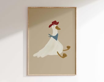 Silly Goose Wall Art, Cowboy Nursery Decor, Goose with Red Cowboy Hat, Farm Animal Printable, Vintage Cowboy Print, Boys Room Decor