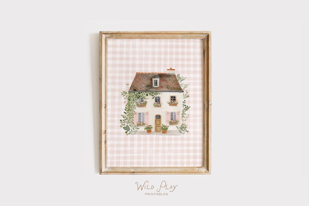 Vintage Cottage Garden Nursery Print, Pink Gingham Baby Girl Wall Art ...