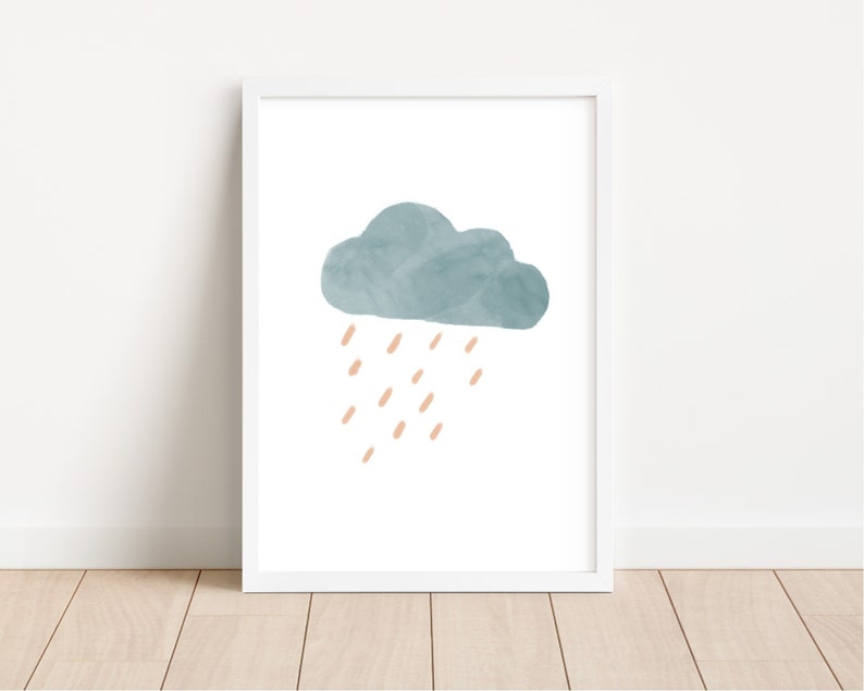Pastel Rain Cloud Nursery Print, Boho Watercolor Decor, Minimalist Cloud Nursery Wall Art, Waether Poster, Digital Download image 1