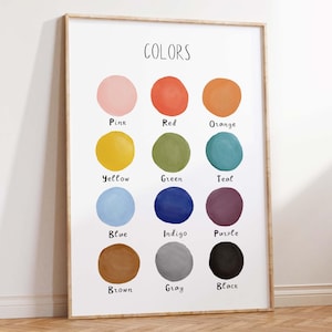 Póster educativo de colores, imprimible para niños pequeños en casa, aprendizaje de colores, materiales Montessori, decoración bohemia para el aula, descarga digital