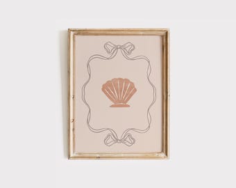 Pink Seashell Watercolor Poster with Bows, Coquette Coastal Nursery Wall Art, Trendy Beach Decor,Digital Download