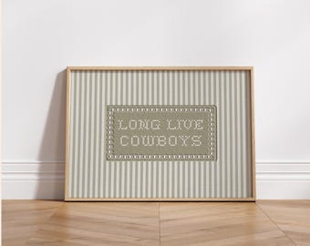 Impresión "Long Live Cowboys", arte de pared vintage de vaqueros para niños, decoración de guardería a rayas verde salvia