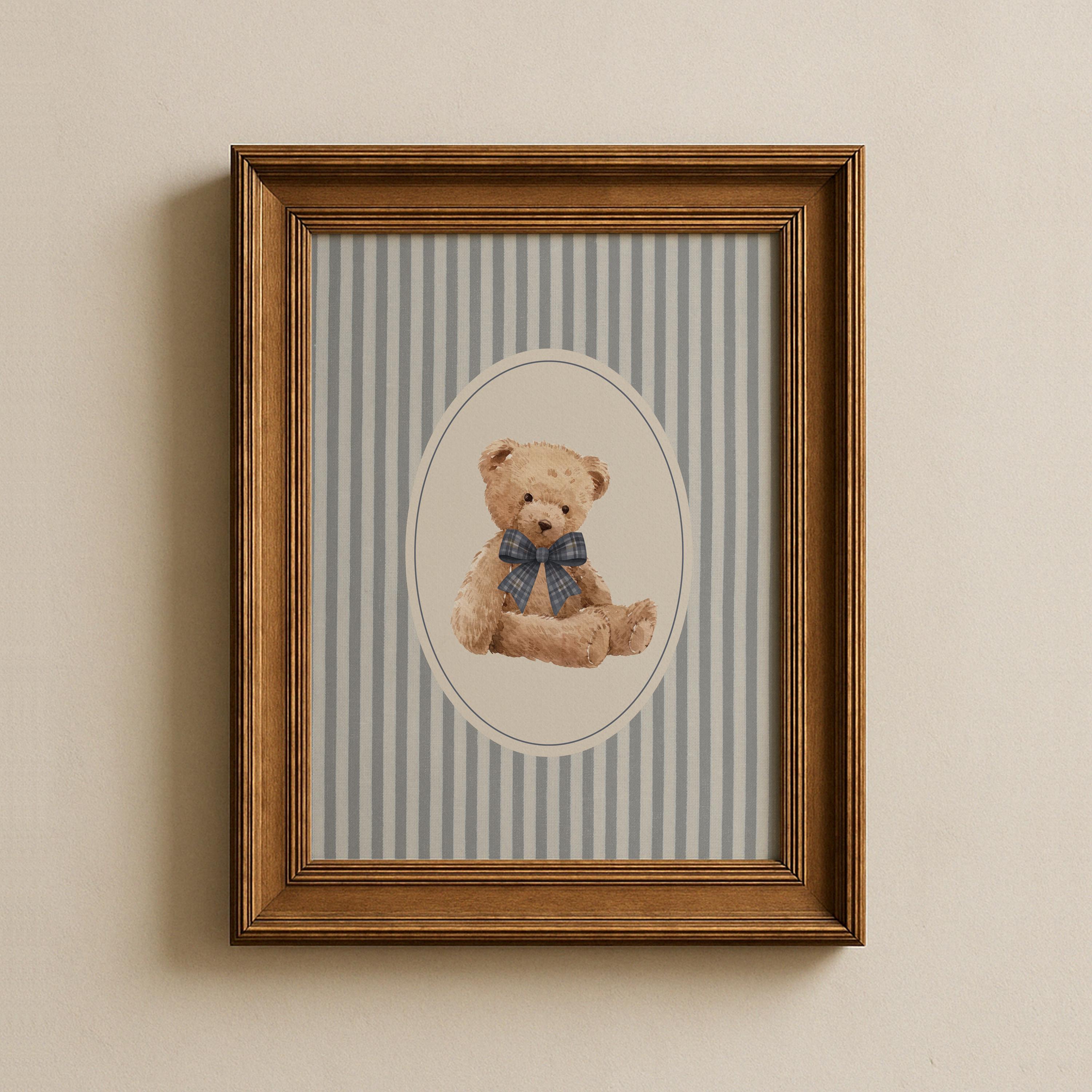 Vintage Teddy Bear Nursery Print, Plaid Navy Bow Bear Wall Art, Blue ...