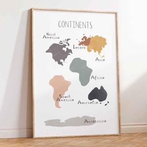 Póster de continente neutral, material para educación en el hogar, materiales Montessori, póster de mapa del mundo, decoración de aulas boho, descarga digital