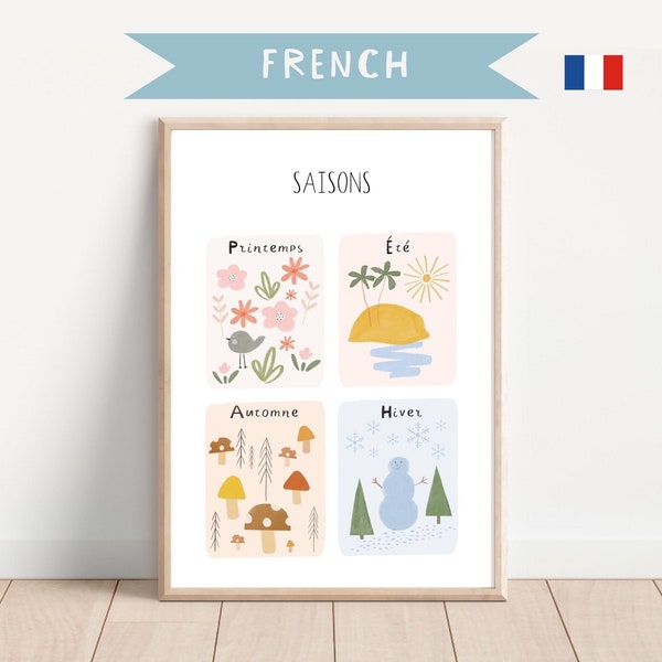 Four Seasons Poster In French, affiche des saisons, Montessori Materials, Educational Poster,  Boho Classroom Decor, Digtal Download