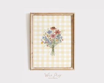 Yellow Gingham Wildflower Nursery Print, Vintage Floral Wall Art, Soft Cottagecore Baby Room Decor, Girl Nursery Printable