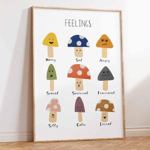 Regenbogen Kinder Gefühle Diagramm, Pilz Wandkunst, Boho Klassenzimmer Dekor, Emotionen Poster, Montessori pädagogisch, beruhigende Ecke, digital