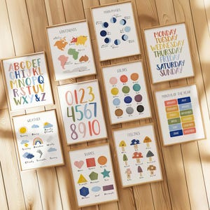 Conjunto de carteles educativos, 10 imprimibles para la educación en casa, materiales Montessori, actividades para niños pequeños, decoración arcoíris para el aula, descarga digital