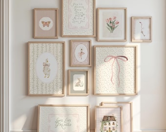 Heirloom Coquette Nursery Wall Art Set, Vintage French Cottage Baby Girl Gallery Wall, Blush Pink Bow Nursery Prints