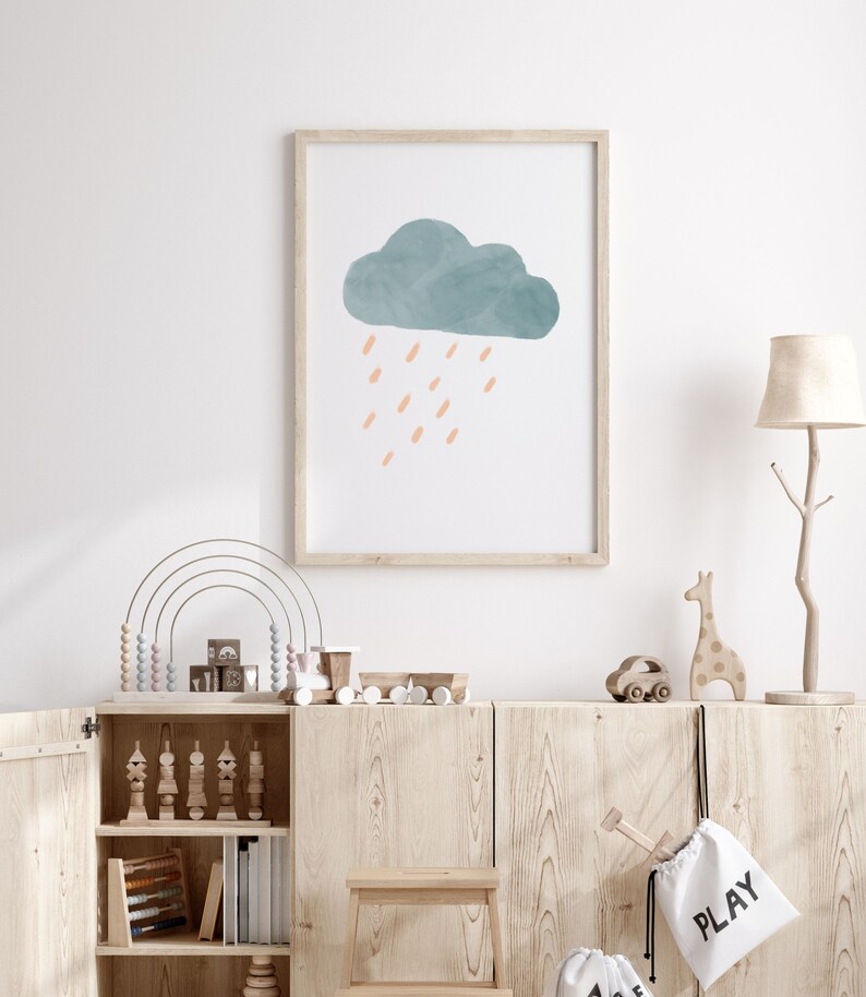 Pastel Rain Cloud Nursery Print, Boho Watercolor Decor, Minimalist Cloud Nursery Wall Art, Waether Poster, Digital Download image 4