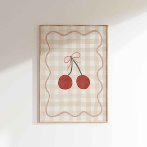 Arte murale con fiocco di ciliegio su quadretti, stampa con fiocco rosa Coquette, decorazione per la cameretta dei bambini in ciliegio, decorazione cottagecore alla moda per ragazze, poster di frutta