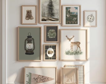 Arte de pared vintage de camping para habitación infantil, decoración de habitación infantil en tonos neutros y verde salvia, juego de galería de descarga digital de aventura al aire libre (25 unidades)