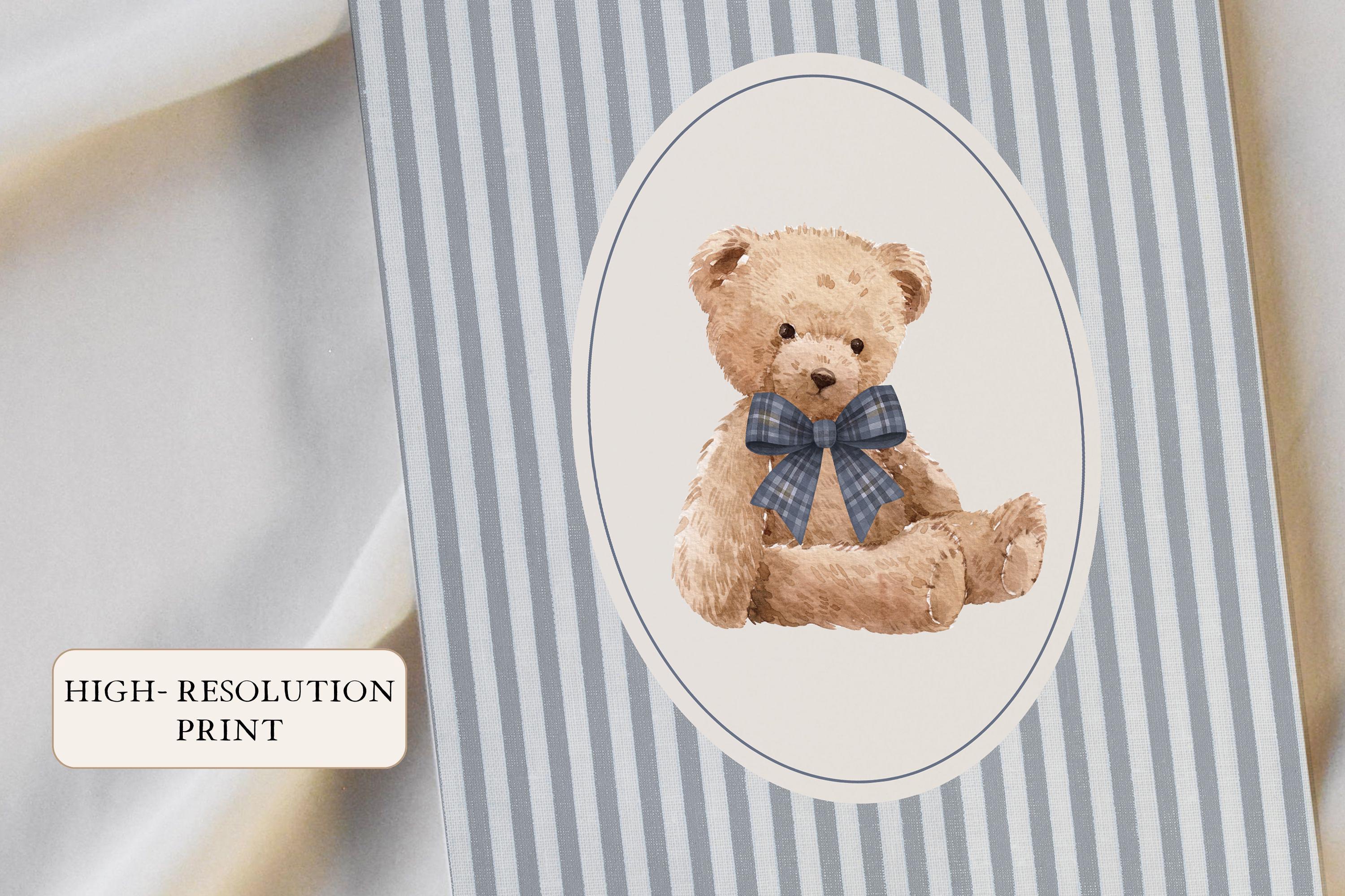 Vintage Teddy Bear Nursery Print, Plaid Navy Bow Bear Wall Art, Blue ...