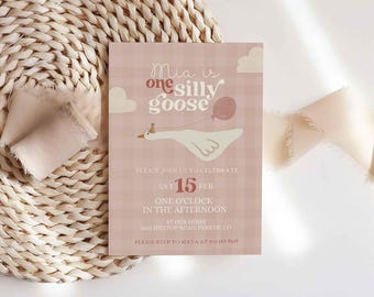 One Silly Goose Birthday Invitation, First Birthday Party for Girl, Farm Animal Birthday, Pink Silly Goose Invite, Editable Corjl Template