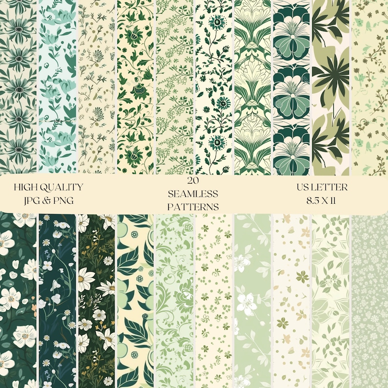 Green Floral Scrapbook Paper Digital Download, Seamless Pattern - Etsy