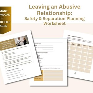 Könnte beinhalten: Ein digitales Dokument mit dem Titel Leaving an Abusive Relationship: Safety & Separation Planning Worksheet, das 25 PDF-Seiten umfasst. Die Seiten enthalten Text, ein Foto von zwei Personen und Tabellen zur Dokumentation von Vorfällen.