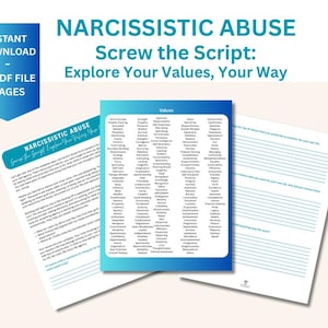 Puede incluir: Una descarga digital titulada "Abuso Narcisista: Cambia el Guion: Explora tus Valores, a tu Manera". La imagen muestra un documento turquesa y blanco con el texto "Valores" y varias páginas con indicaciones de escritura.