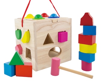 木製シェイプソーター、アクティビティキューブボックス（シェイプとブロック付き）、シェイプソーティングおもちゃ、子供向け早期教育パズル、モンテッソーリおもちゃセット