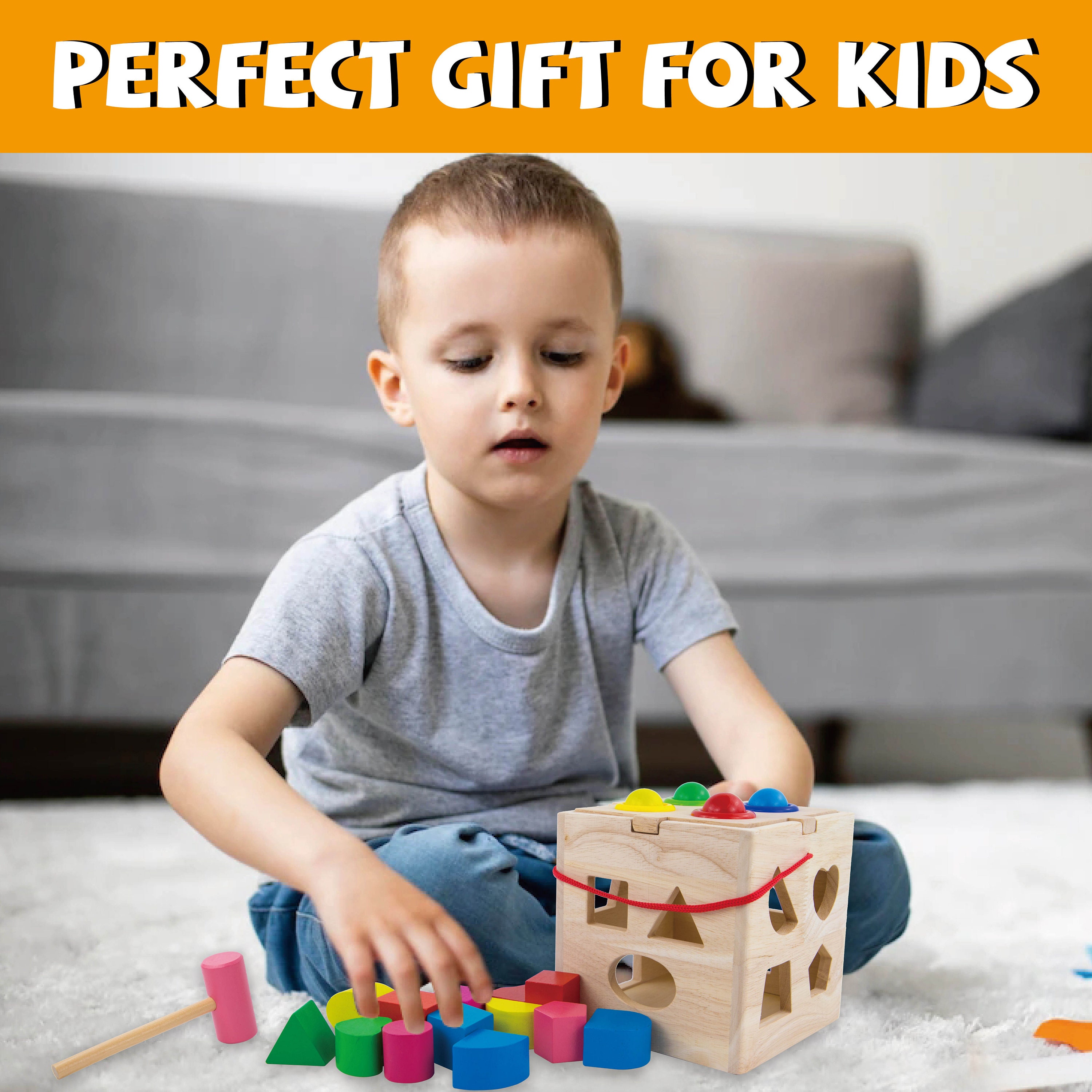 Wooden Shape Sorter, Activity Cube Box W/ Shapes and Blocks, Shape ...