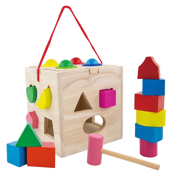 Wooden Shape Sorter, Activity Cube Box w/ Shapes and Blocks, Shape Sorting Toy, Early Education Puzzle for Children, Montessori Toy Set