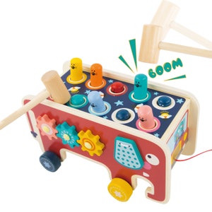 Può includere: Un elefante di legno colorato con una corda per tirare, ruote e un martello che può essere usato per abbattere i pioli colorati. Il giocattolo ha uno sfondo blu con stelle e una varietà di ingranaggi e altre forme.