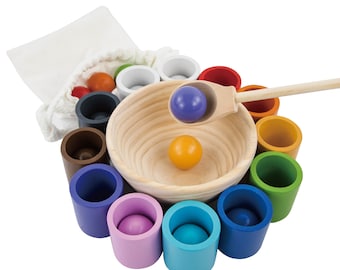 Montessori Cognitive Color Matching Cups & Balls Educational Wooden Toys for Toddlers, Waldorf Rainbow Ball Color Sorting Preschool Learning