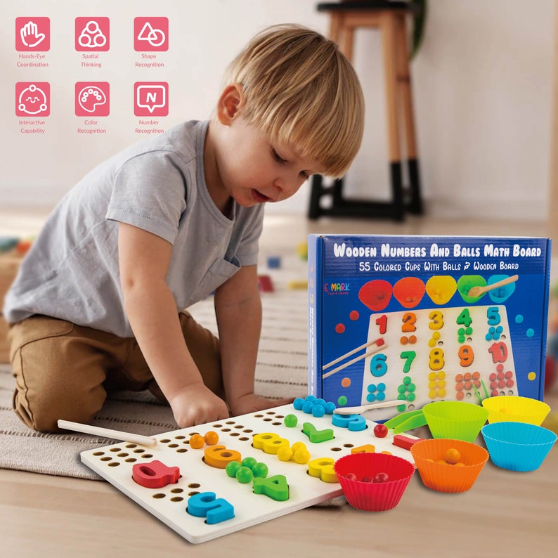 Montessori Wooden Mathematics Board W/ Colored Cups and Balls for ...