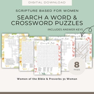 Può includere: Download digitale di giochi di ricerca di parole e cruciverba basati sulle Scritture per donne, con chiavi di risposta. L'immagine mostra diverse pagine con motivi floreali e il testo "Women of the Bible & Proverbs 31 Woman".