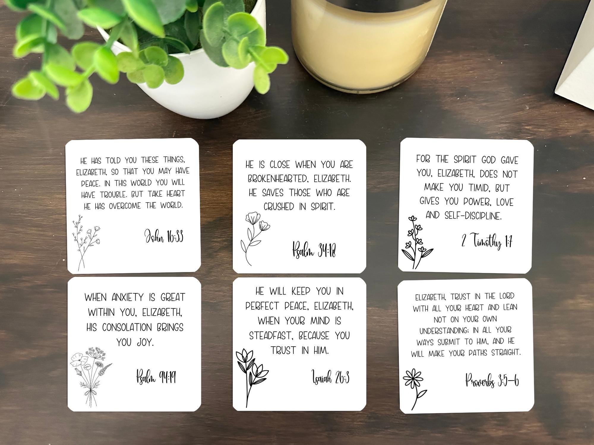 12 Personalized Bible Verse Scripture Cards: Hand-drawn Floral Design ...