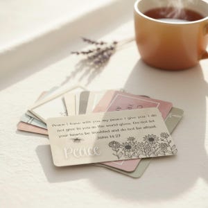 May include: A stack of inspirational cards with the word "Peace" and a Bible verse. The cards are in soft pastel colors with floral and bee illustrations. A warm-toned mug of tea and lavender sprig are in the background.