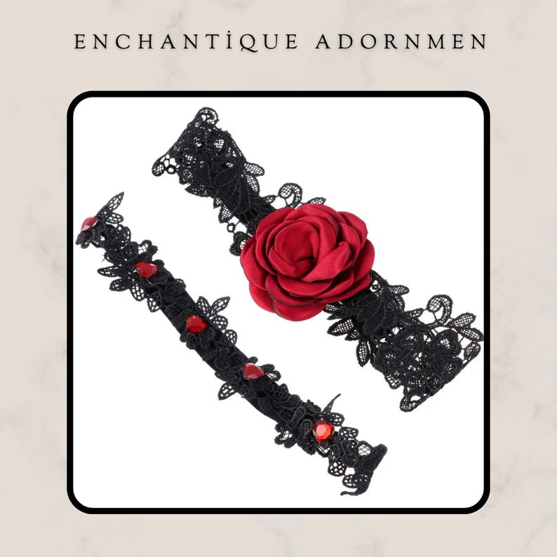 Handmade Black Garter Belt Set With Beautiful Rose Flower and Red Gems