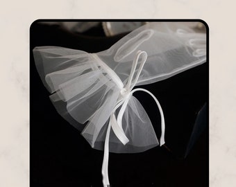Tulle Wedding Bridal Gloves with Ribbon. Ribbon Wedding Gloves. White Sheer Gloves for Formal Event, Party, Cosplay. Victorian Gloves