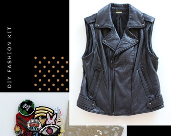 Eco Fashion DIY Kit with Upcycled Vintage Rebecca Minkoff Leather Vest (Size M) & Creative Tools - With Markers, Stencils, Patches and Studs