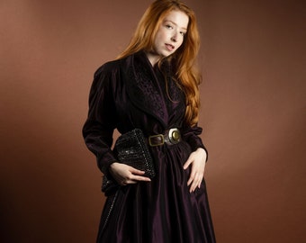Vintage Retro 1950s Maxi Purple Dress with Embroidery, Unique - Size S