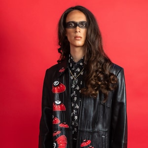 Upcycled Unique Hand-Painted Black Leather Jacket by Jones New York, &#39;Shroomy,&#39; Size XL, Wearable Art, Eco and Repurposed Fashion, Unisex