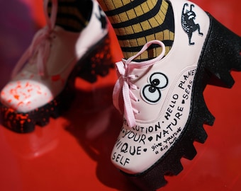 Upcycled Graffiti Platform Booties – Hand-Painted Harajuku Shoes, Size 40