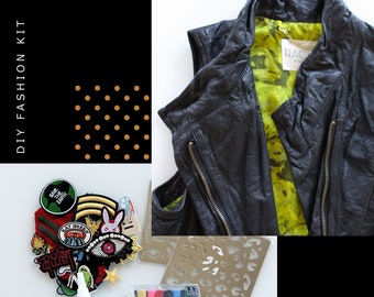Eco Fashion DIY Kit with Upcycled Vintage Rachel Roy Leather Vest (Size M) & Creative Tools - Includes Markers, Stencils, Patches and Studs