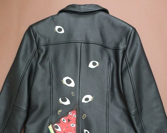 Vintage Leather Jacket, "Melon", Unique and Upcycled, Size S, Hand-Painted, Wearable Art, Sustainable Fashion