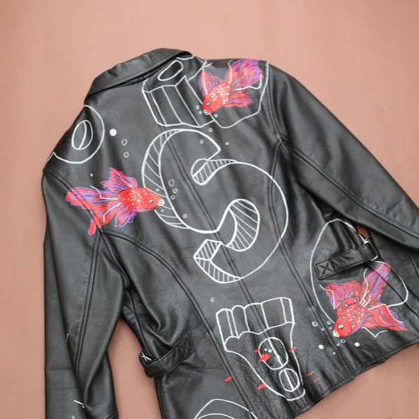 Vintage Leather Jacket, "Aquatica": Unique and Upcycled, Size M, Hand-Painted, Wearable Art, Unique Eco Fashion, Kawaii