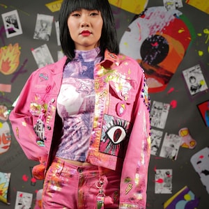 Upcycled Pink Denim Jacket and Jeans Set – Festival Outfit by PANGAIA, Organic Cotton Blend, Unisex Streetwear, Size M/26