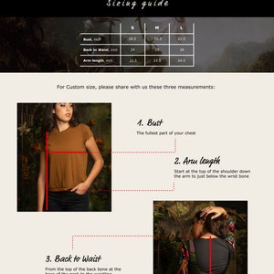 May include: A sizing guide for clothing with a table showing measurements in inches for bust, back to waist, and arm length for sizes S, M, and L. The guide also includes illustrations showing how to measure bust, arm length, and back to waist.
