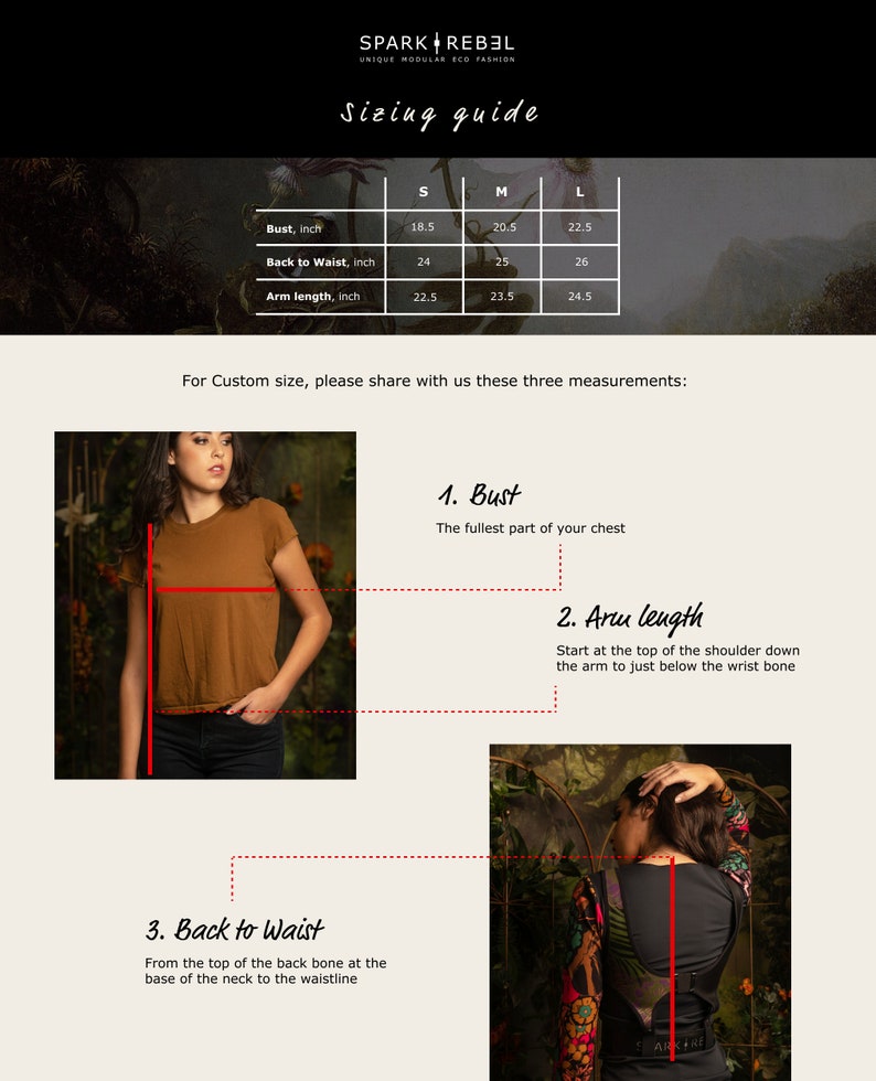 May include: A sizing guide for clothing with a table showing measurements in inches for bust, back to waist, and arm length for sizes S, M, and L. The guide also includes illustrations showing how to measure bust, arm length, and back to waist.