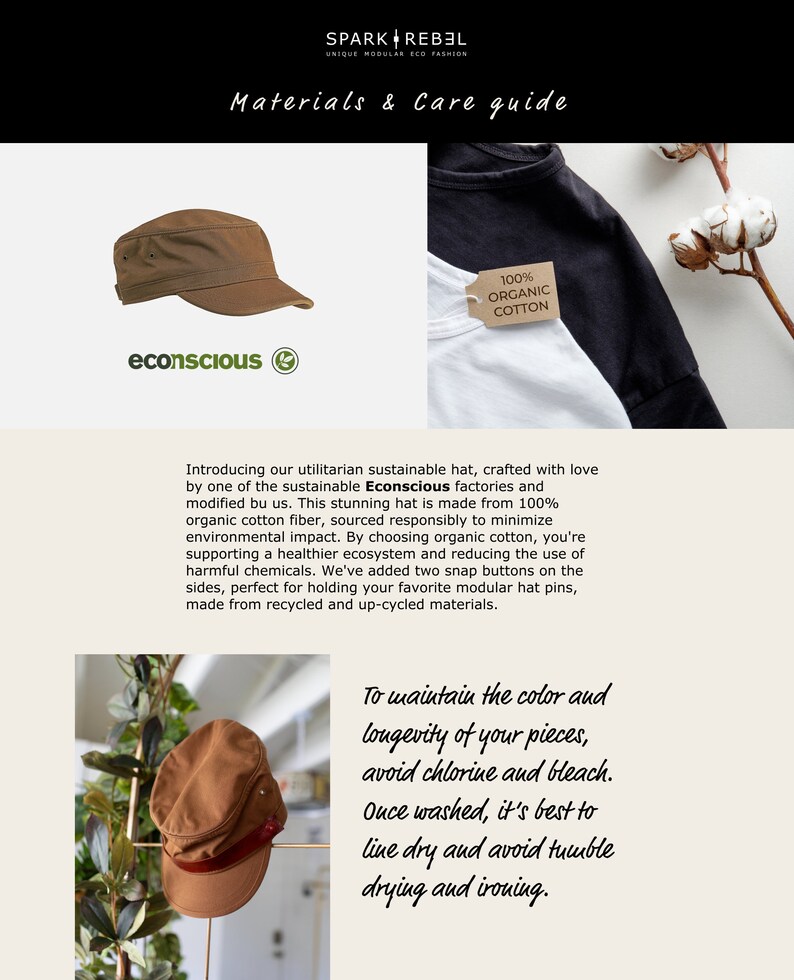 Discover our transformable hat, crafted from organic cotton and accompanied by an up-cycled leather pin.