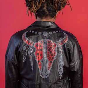 Vintage 90s Leather Jacket by Fantasia, Hand-Painted, Upcycled, Unisex, Unique, &#39;Bull,&#39; Size L, Wearable Art, Eco Fashion, Punk, Casual