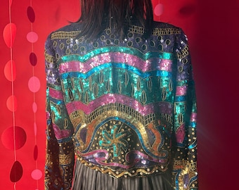 Vintage Laurence Kazar Silk Sequin Blazer – 1980s Art Deco Party Jacket – Black, Teal, Fuchsia & Gold Beading – Statement Holiday Glam
