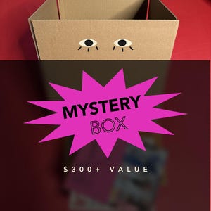 May include: A brown cardboard box with a pair of cartoon eyes on the front. A pink starburst graphic with the words "MYSTERY BOX" in black is below the box. The text "$300+ VALUE" is also visible.