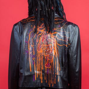 Vintage Unique Hand-Painted Black Leather Jacket by Colebrook, &#39;Wild Orange,&#39; Wearable Art, Eco Fashion, Harajuku, Tiger Print, Size M