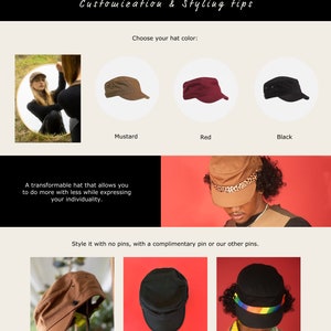 May include: A customizable hat with a variety of color options, including mustard, red, and black. The hat is a transformable design that allows you to express your individuality. The hat can be styled with no pins, a complimentary pin, or other pins.