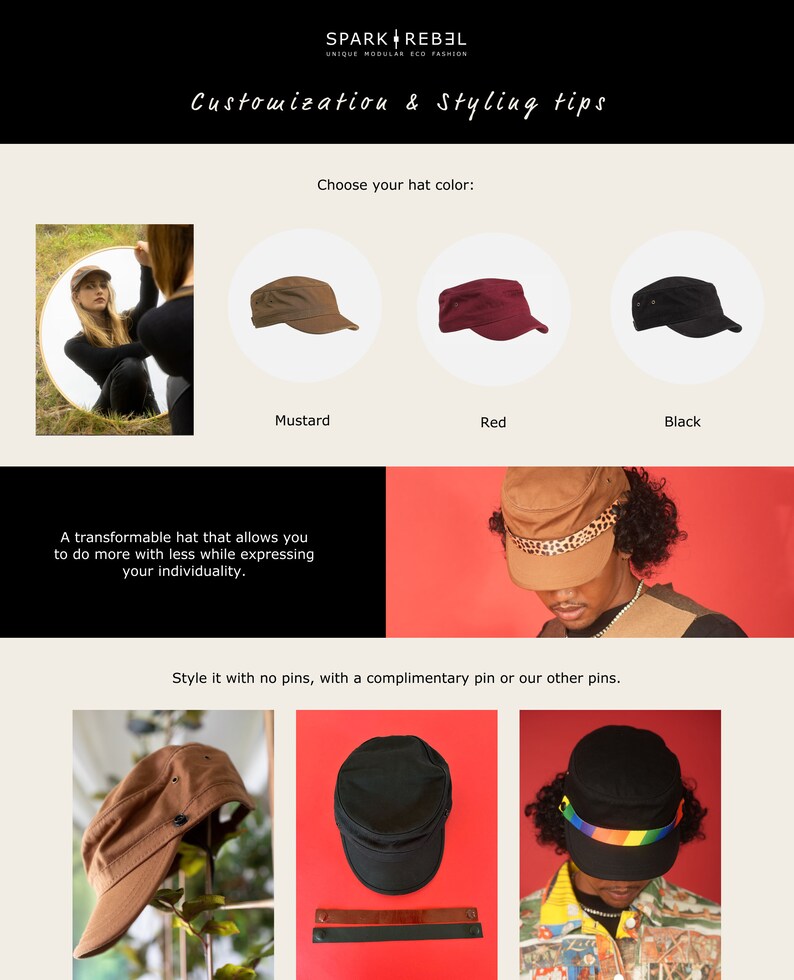 May include: A customizable hat with a variety of color options, including mustard, red, and black. The hat is a transformable design that allows you to express your individuality. The hat can be styled with no pins, a complimentary pin, or other pins.