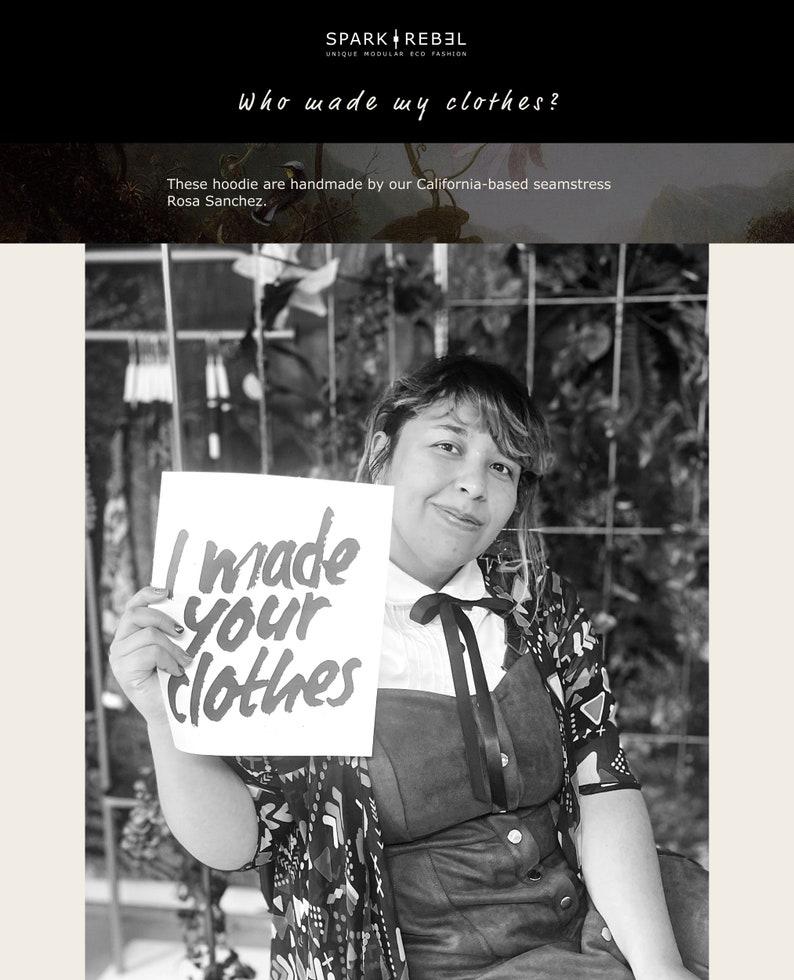 May include: A black and white photo of a woman holding a sign that says "I made your clothes".